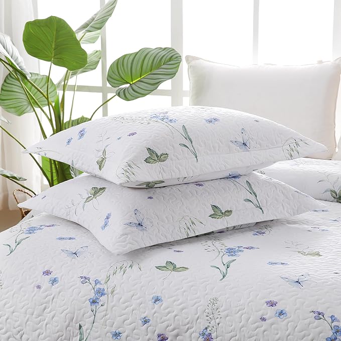 Queen Size Quilt Bedding Set, Lightweight White Floral Bed Quilts Reversible Elegant Bedspread Comforter Coverlets Sets with 2 Pillow Shams (90"×90")