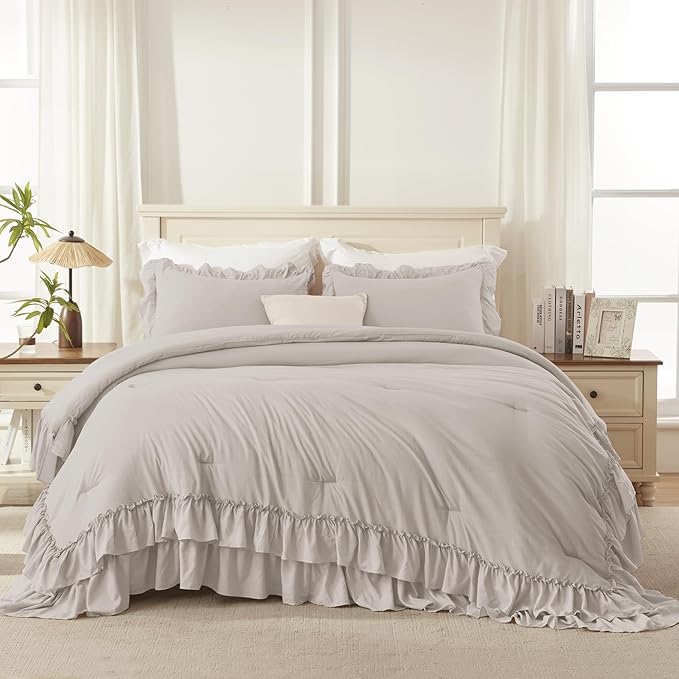 Andency Linen Grey King Comforter Set (104x90Inch), 3 Pieces Ruffle Bedding Set with 2 Pillowcases, Farmhouse Shabby Chic Lightweight Fluffy Soft All Season Bed Set