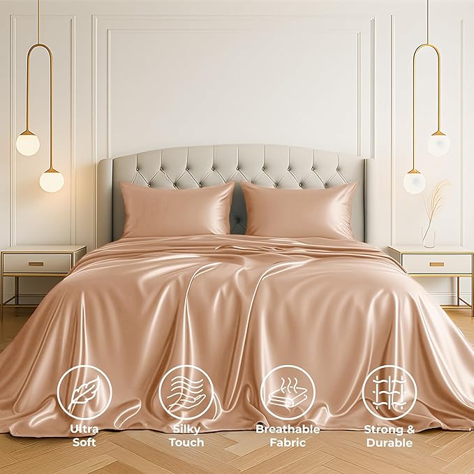 Satin Sheets Twin [3-Piece, Rose Gold] Hotel Luxury Silky Bed Sheets - Extra Soft 1800 Microfiber Sheet Set, Wrinkle, Fade, Stain Resistant - Deep Pocket Fitted Sheet, Flat Sheet, Pillow Cases