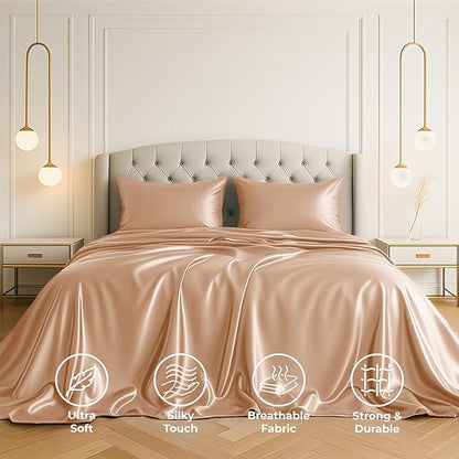 Satin Sheets King [4-Piece, Rose Gold] Hotel Luxury Silky Bed Sheets - Extra Soft 1800 Microfiber Sheet Set, Wrinkle, Fade, Stain Resistant - Deep Pocket Fitted Sheet, Flat Sheet, Pillow Cases