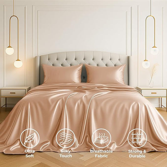 Satin Sheets King [4-Piece, Rose Gold] Hotel Luxury Silky Bed Sheets - Extra Soft 1800 Microfiber Sheet Set, Wrinkle, Fade, Stain Resistant - Deep Pocket Fitted Sheet, Flat Sheet, Pillow Cases