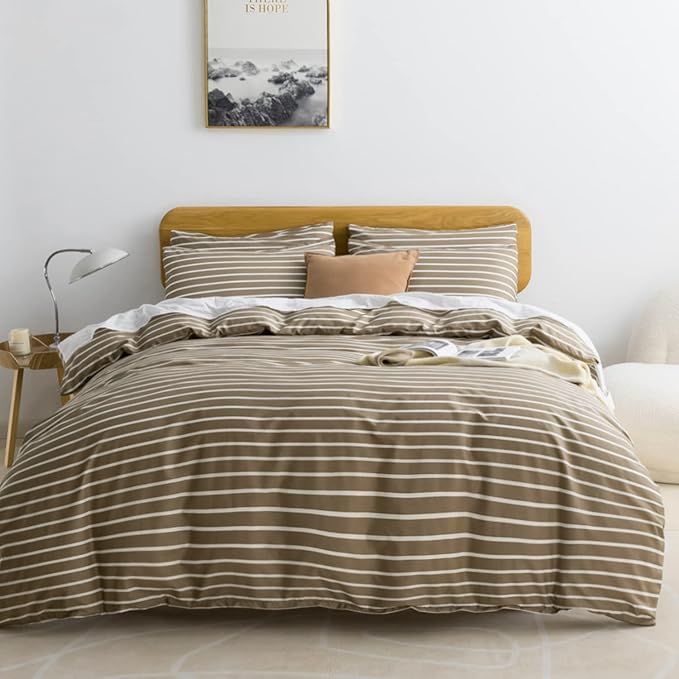 JELLYMONI Full Duvet Cover Set, Cotton Duvet Cover 3 Pieces with Zipper Closure, 1 Duvet Cover and 2 Pillowcases(Khaki with White Striped)