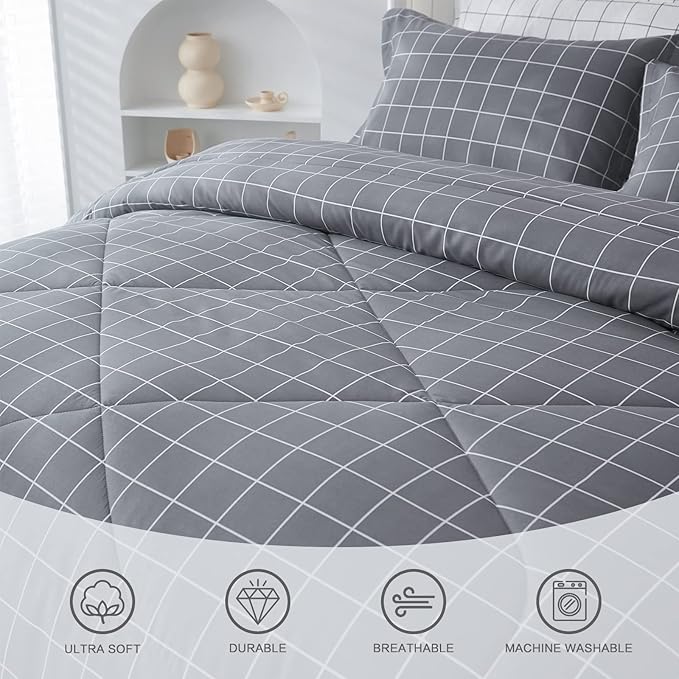 Andency Grey Grid Comforter Set King Size (104x90 inch), 3 Pieces (1 Grey Comforter and 2 Pillowcases), Summer Lightweight Microfiber Down Alternative Bedding Comforter Sets with White Lines