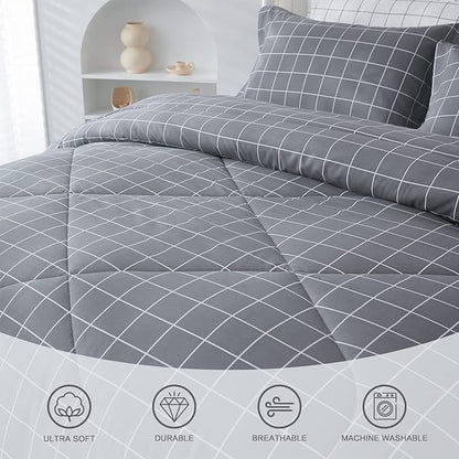 Andency Grey Grid Comforter Set King Size (104x90 inch), 3 Pieces (1 Grey Comforter and 2 Pillowcases), Summer Lightweight Microfiber Down Alternative Bedding Comforter Sets with White Lines