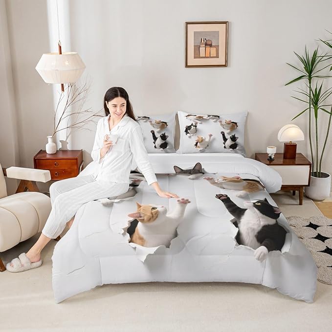 Erosebridal Kawaii Cats Bedding Set Queen Size 3D Kitten Comforter Set for Kids Boys Girls Paw Cute Pet Animal White Yellow Black Comforter Warm Soft Quilt Insert