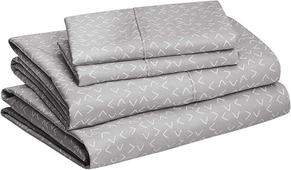 Amazon Basics Lightweight Wrinkle Free Breathable Microfiber 4 Piece Bed Sheet Set with 14-Inch Deep Pockets - Queen, Grey Arrows, Printed