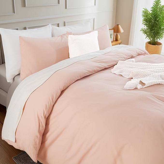 NEXHOME PRO Duvet Cover Set 100% Washed Cotton Oversized King 120"x98" Linen Feel Textured Organic Natural 3 Pieces Bedding with Zipper Closure and Corner Ties, Breathable, Dusty Pink (No Comforter)