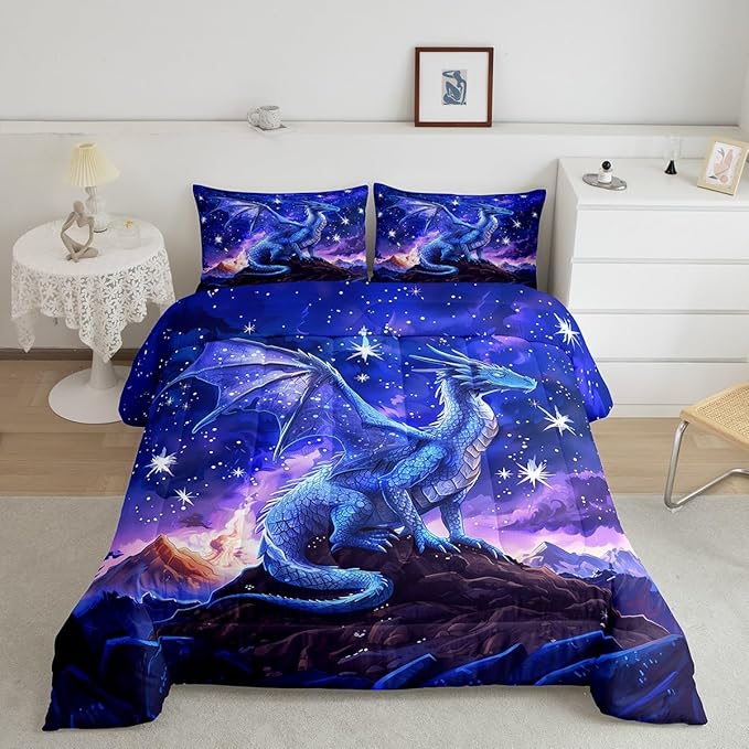 Dragon Comforter Set King Size,Starry Sky Mountains Bedding Set for Kids Girls Boys Room Decor,Blue Purple Western Magical Quilt Set 3Pcs,Wild Animal Trippy Duvet Insert,2 Pillowcases