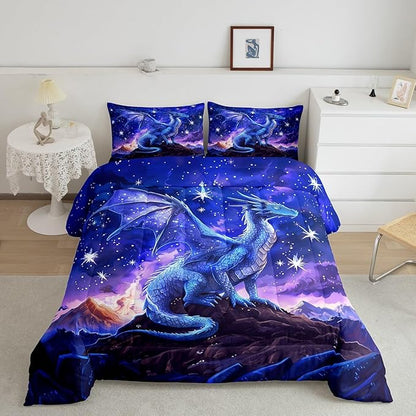 Dragon Comforter Set Full Size,Starry Sky Mountains Bedding Set for Kids Girls Boys Room Decor,Wild Animal Trippy Duvet Insert,Blue Purple Western Magical Quilt Set 3Pcs,2 Pillowcases