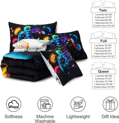Aimuan Game Console Comforter Set for Boys Girls Kids Space Universe Gaming Geometric Lightweight Microfiber Gamer Bedding Sets (Black-Multi, Twin 6Pcs)