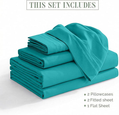 Elegant Comfort Luxurious 1500 Premium Hotel Quality Microfiber Three Line Embroidered Softest 5-Piece Bed Sheet Set, Wrinkle And Fade Resistant, Split King, Turquoise