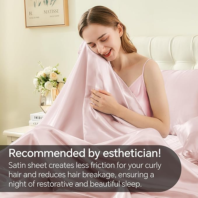 BEDELITE Satin Sheets Twin Size Bed Set, Luxury Soft Pink Silky Sheets for Hair and Skin, Similar to Silk Bed Sheets Set 3 Pieces with 1 Deep Pocket Fitted Sheet, 1 Flat Sheet, and 1 Pillowcase