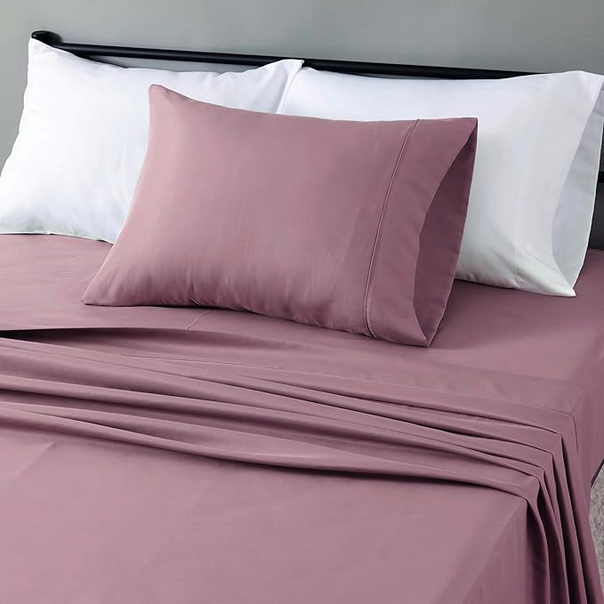 Amazon Basics Lightweight Super Soft Easy Care Wrinkle-Free Microfiber 3-Piece Bed Sheet Set with 14-Inch Deep Pockets, Twin, Rose, Solid