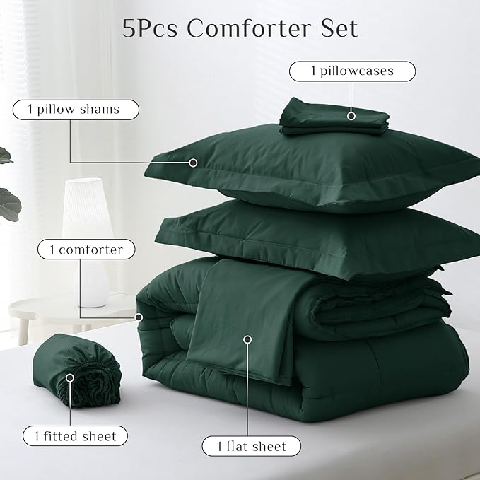 JOLLYVOGUE Twin Comforter Set, Ultra-Soft Bed in a Bag Twin Size 5 Pieces, Oeko-TEX Certified Bedding Set with Down Alternative Comforter, Sheets, Pillowcases & Shams, Emerald Green