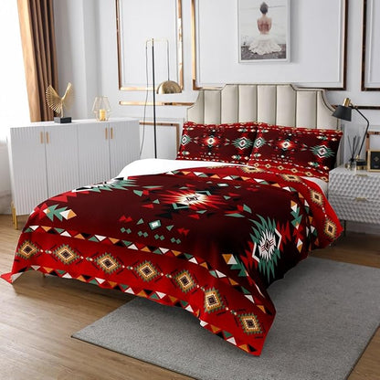 Manfei Geometric Aztec Kids Bedspread Queen Size,Western Cowboy Arrow Rustic Farmhouse Coverlet Set,Boys Girls Room Decor,Southwest Boho Tribal Quilted Coverlet,Red Black Bedding Quilt,2 Pillowcases