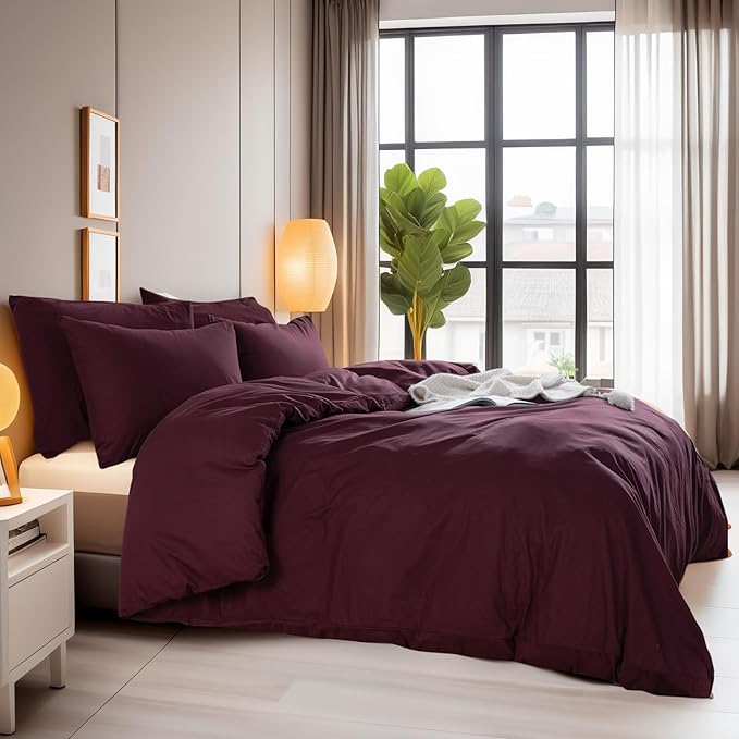 NEXHOME PRO Duvet Cover Set King Size Linen Look Textured Organic Natural 100% Washed Cotton Duvet Cover Burgundy Dark Red 3 Pieces Bedding Set with Zipper, Breathable, Soft (No Comforter)