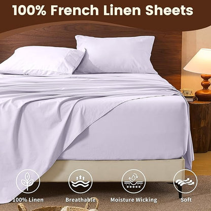 100% Linen Sheet Set Queen Size Extra Deep Pocket Fits 18-24 Inch Mattress, Breathable & Soft, Smooth 6-Piece Set for Thick Mattresses Hotel Luxury Bedding（Queen, Light Purple）
