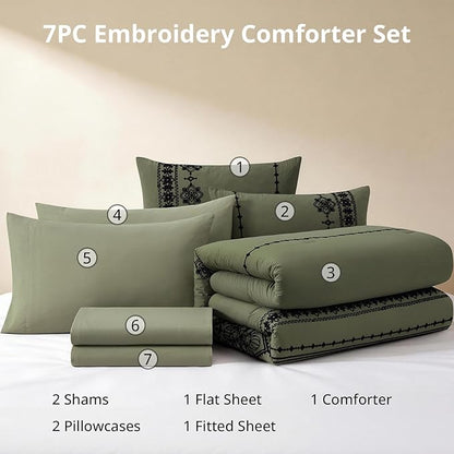 MaiRêve King Size Comforter Set Olive Green, Embroidery Floral Western Boho Bedding Set, All Season 7 Pieces Bed in a Bag with Sheets, Pillowcases & Shams