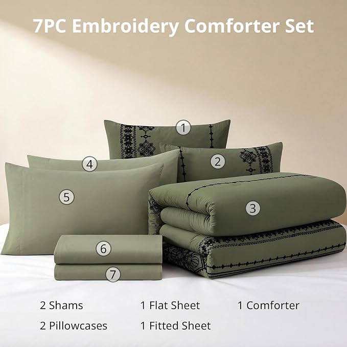 MaiRêve Full Size Comforter Set Olive Green, Embroidery Floral Western Boho Bedding Set, All Season 7 Pieces Bed in a Bag with Sheets, Pillowcases & Shams