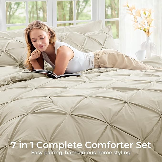 Sasttie Full Size Comforter Set, 7-Piece Bed in a Bag Double, Pintuck Bedding Set for All Season, Includes Comforter, Flat Sheet, Fitted Sheet, Pillowcases and Pillowshams, Linen