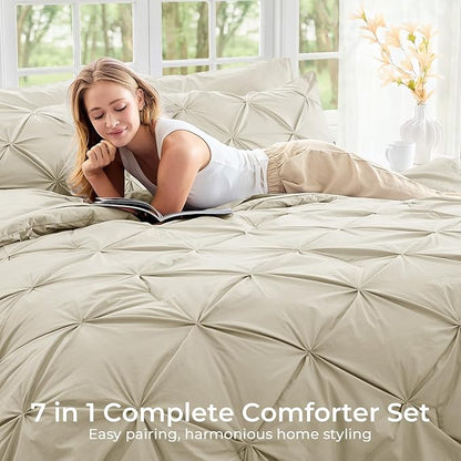 Sasttie Full Size Comforter Set, 7-Piece Bed in a Bag Double, Pintuck Bedding Set for All Season, Includes Comforter, Flat Sheet, Fitted Sheet, Pillowcases and Pillowshams, Linen