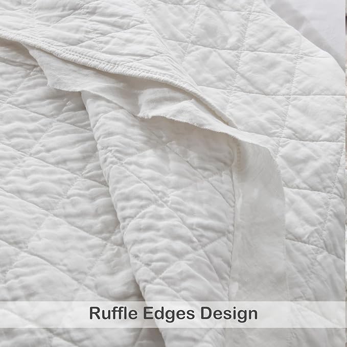 HORIMOTE HOME 100% Linen Front/100% Cotton Back Quilt Set Queen Size, White Pre-Washed European Flax Linen Quilt, Diamond Stitch Bedspread Coverlet Bedding Set 3-Piece for All Seasons