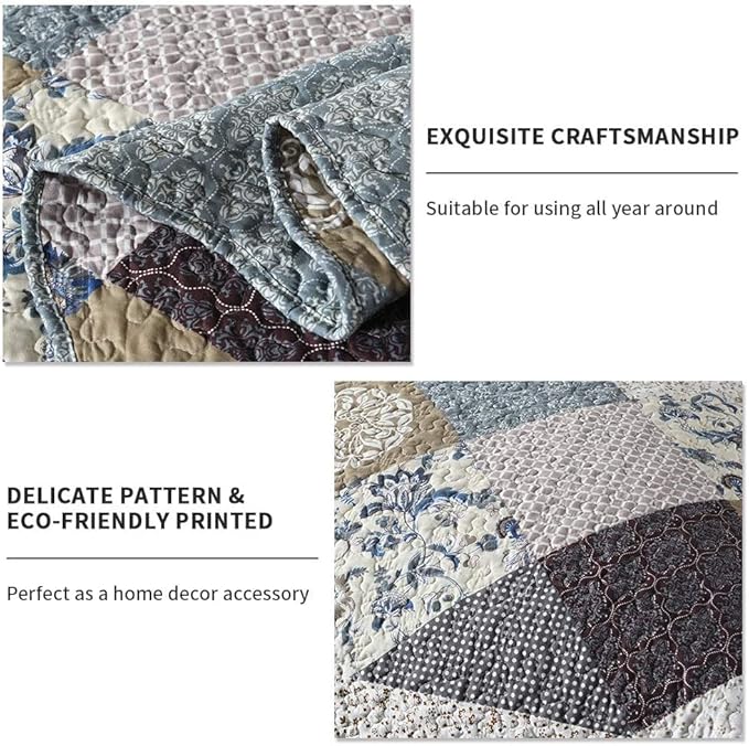Travan 3-Piece Queen Quilt Set Quilted Bedspread Oversized Microfiber Lightweight Coverlet Set with Shams Reversible Printed Coverlet Bedding Set for All Season, Slate Blue, King Size