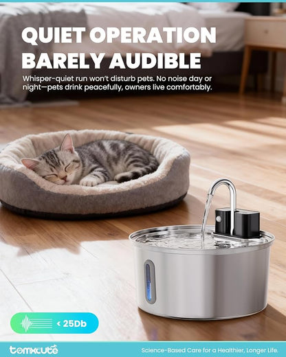 Tomxcute Cat Water Fountain Stainless Steel, 108oz Wireless Pet Fountain | 3 Smart Water Supply Modes Automatic Battery Operated Fountain with 3 Replacement Filters for Cats, Dogs, Multiple Pets