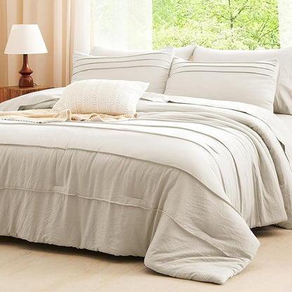 CozyLux California King Comforter Set Beige, 7 Pieces Pinch Pleat Bed in a Bag Cal King Comforter Set with Sheets, Boho Bed Sets with Down Alternative Comforter, Sheets, Pillowcases & Shams