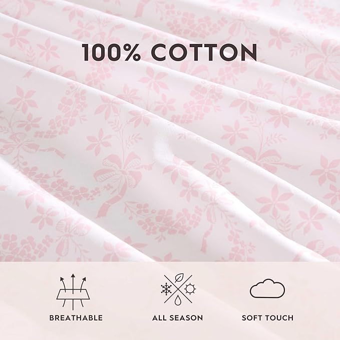 Laura Ashley - Full Sheet Set, Crisp & Cool Cotton Percale Bedding with Deep Pockets, Lightweight for Year Round Comfort, Bed Sheets with Matching Pillowcases (Antoinette Pink)