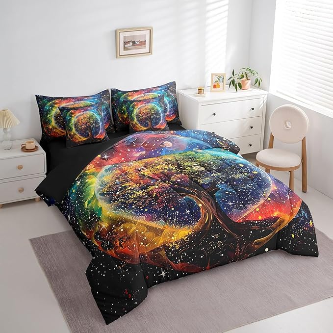 Colorful Life Tree Bedding Set,Outer Space Galaxy Starry King Comforter Set with Sheets for Boys Girls Teens Room Decor,Exotic Bohemia Tree of Life Bed in a Bag 7 Piece for Bedroom Living Room