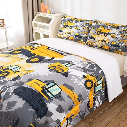 Feelyou Boys Construction Bedding Set Full Size Comforter for Kids Tractor Trucks Comforter Set Toddler Room Decor Car Bed Cartoon Excavator Quilted with 2 Pillow Cases