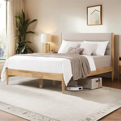 KISLOT Wood Bed Frame with Upholstered Headboard, Oat, Full | Wooden Platform, Silent Slat Support, Mattress Foundation, No Box Spring Needed, Easy Assembly