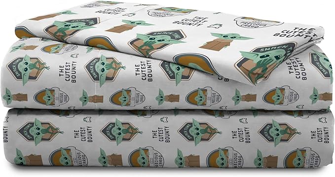 Jay Franco Kids Sheet Cartoon Set with Fitted, Flat Sheets & Pillow Cover - Ultra-Soft Bedding with Pillowcase for Room Decor, White - Mandalorian, 3 Piece Twin