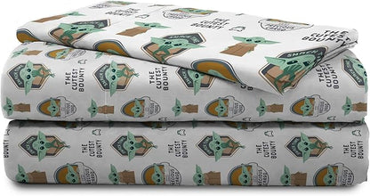 Jay Franco Kids Sheet Cartoon Set with Fitted, Flat Sheets & Pillow Cover - Ultra-Soft Bedding with Pillowcase for Room Decor, White - Mandalorian, 3 Piece Twin
