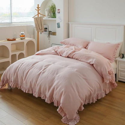 Simple&Opulence 100% Linen Duvet Cover Set, 3 PCS Natural French Flax Blush Pink Ruffle Duvet Cover King Size, Breathable Comfy Linen Bedding Comforter Cover with 2 Pillowcases(Blush Pink, 104" X 92")