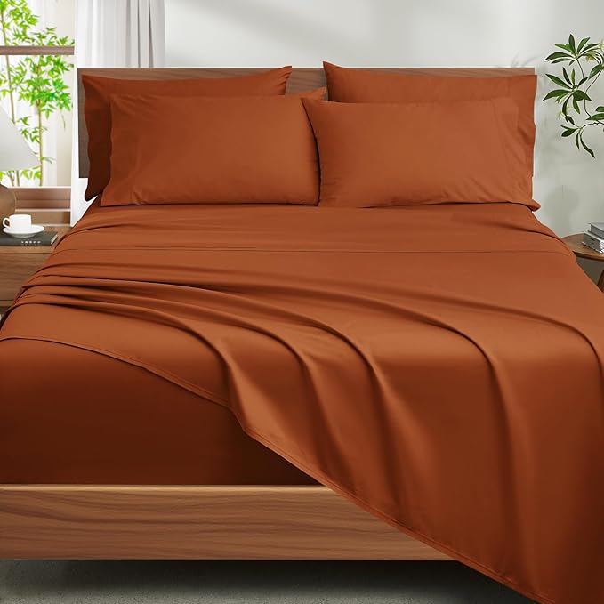 Ivellow 100% Egyptian Cotton Sheets Queen Size Set - 1200 Thread Count 6PC 18" Deep Pocket Queen Size Bed Sheet Set Luxury Soft Breathable Burnt Orange Cooling Sheet Sets Durable Hotel Quality Bedding