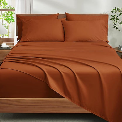 Ivellow 100% Egyptian Cotton Sheets Queen Size Set - 1200 Thread Count 6PC 18" Deep Pocket Queen Size Bed Sheet Set Luxury Soft Breathable Burnt Orange Cooling Sheet Sets Durable Hotel Quality Bedding