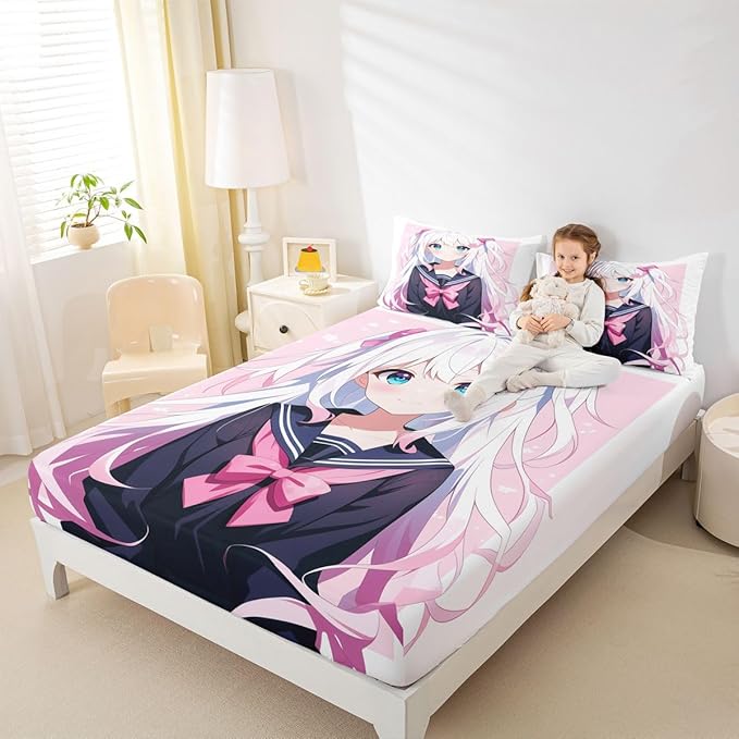 Kawaii Japanese Anime Bedding Set Queen - 3D Style Bed Sheets - Sailor Suit Girl Design - 3 Pieces, No Flat Sheet