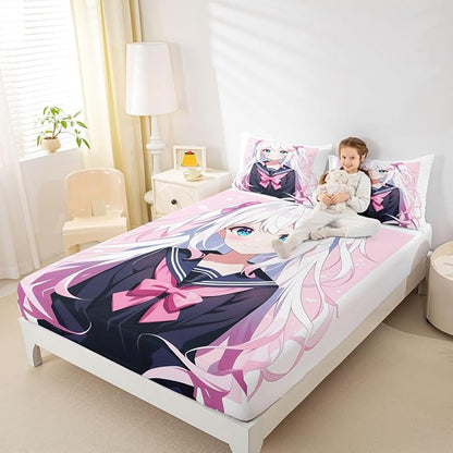 Kawaii Japanese Anime Bedding Set Twin - 3D Style Bed Sheets, Sailor Suit Uniform Girl Design, 2 Pieces