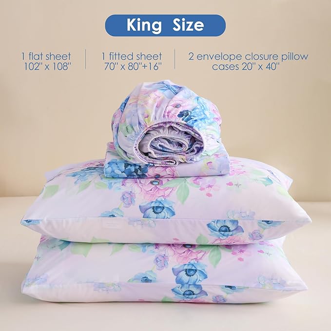 JSD Purple Hydrangea Floral Sheet Set King Size, 4 Piece Printed Microfiber Bed Sheets Deep Pocket