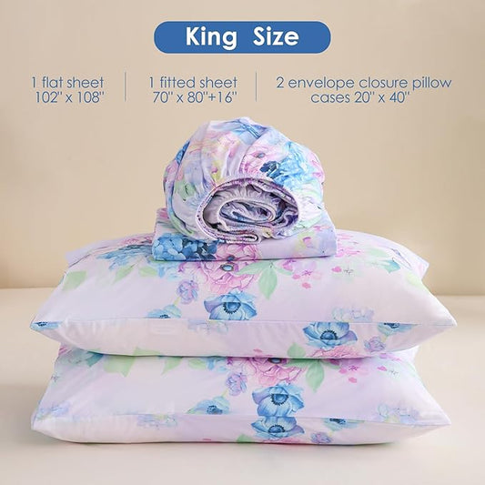 JSD Purple Hydrangea Floral Sheet Set King Size, 4 Piece Printed Microfiber Bed Sheets Deep Pocket