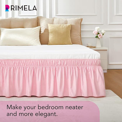 RIMELA Pink Bed Skirt Twin Size 15 Inch Drop, Elastic Bed Skirting for Bed Base and Frame, Bedding Dust Ruffle Easy to Install, Lightweight Wrap Around Adjustable Bedskirt