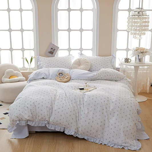 HighBuy Blue Flower Comforter Set Full Ruffle Edge Comforter Fluffy with 2 Pillowcases Coquette Cottagecore Aesthetic Romantic Bedding Comforter Set for Girls Women 80"x90"