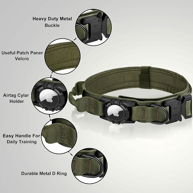 Tactical AirTag Dog Collar - Heavy Duty, Adjustable GPS Collar | Compatible with Apple AirTag, with Holder & Control Handle for Medium/Large Dogs [ Green, M ]