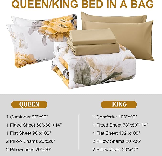 Dobuyly Yellow Comforter Set Queen Size 7 Piece Bed in a Bag, Yellow Floral Comforter Set with Sheets, Soft Microfiber Botanical Complete Bedding Set for All Season