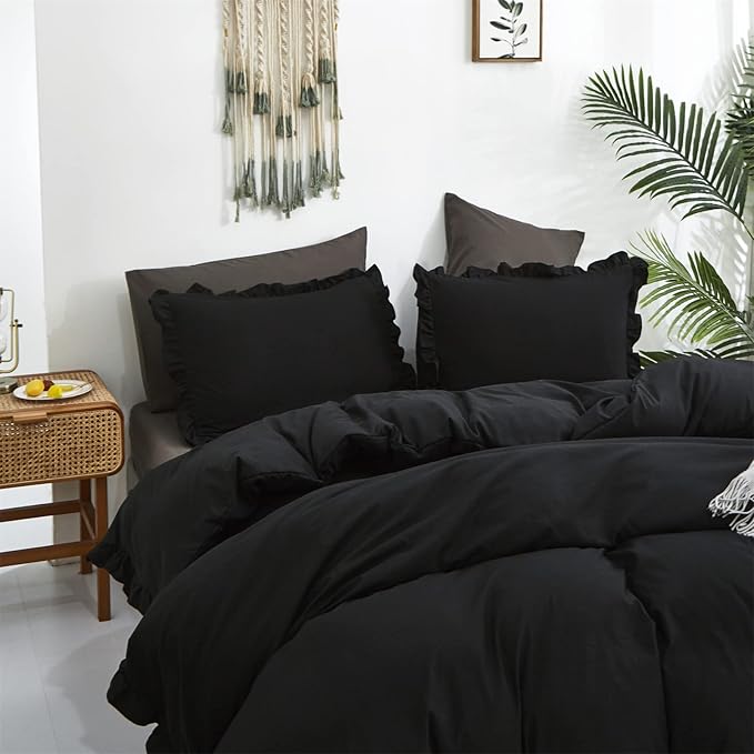 Luxlovery Black Ruffle Comforter Champagne Farmhouse Bedding - California King - Shabby Boho Taupe Blanket Quilts - All Black Color Bohemian Comforter Set