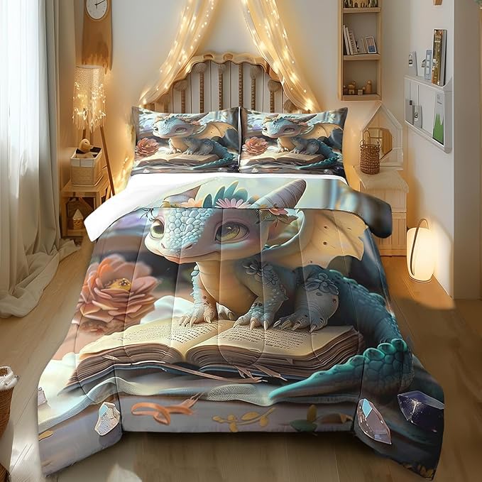 Cartoon Dragon Comforter Set King Size Fantasy Western Animal Bedding Set Toddler Bedroom Decor Wild Daisy Flower All Season Quilt Set Cute Dragons Bedding Comforter Sets,3Pcs