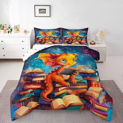 Cartoon Dragon Comforter Set Queen Size,Glitter Star Galaxy Nebula Bedding Set for Kids Boys Girls Room Decor,Magical Book Pattern Duvet Insert 3Pcs,Wild Animal Outer Space Quilt Set,2 Pillowcases