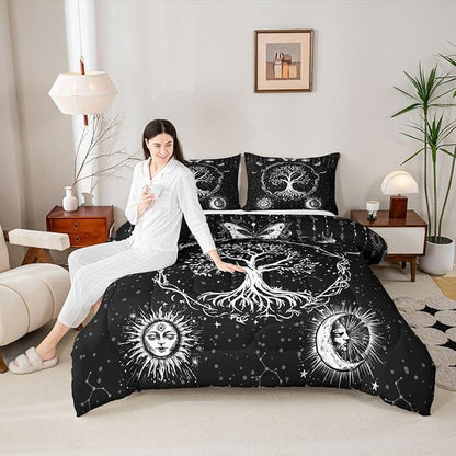 Feelyou Sun and Moon Comforter Bohemian Tree Butterfly Style Bedding Set Psychedelic Hippie Comforter Set for Boys Girls Children Teens Bedroom Decor Galaxy Astrology Duvet Set Queen Size